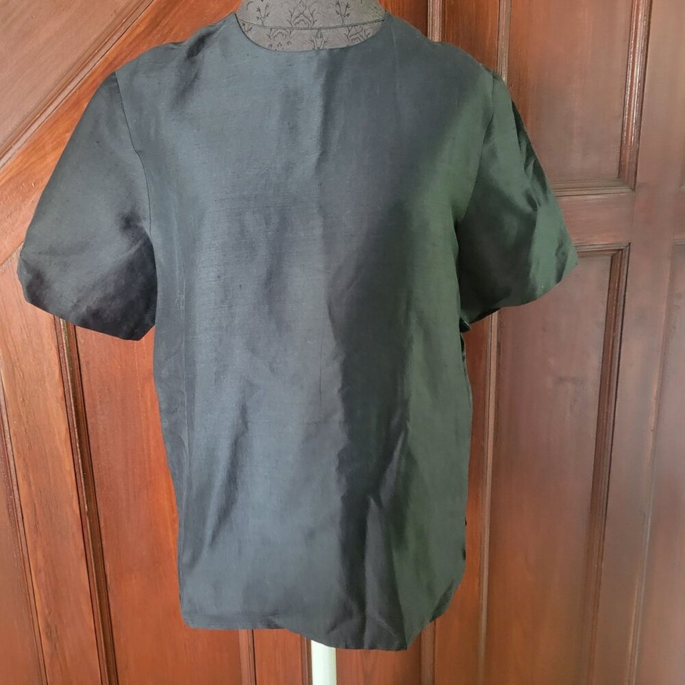 Vintage Anne Carson Black Silk Linen Button-Back Short Sleeve Blouse